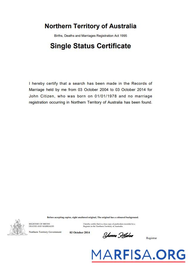 Downloadable Australia Northern Territory of Australia divorce certificate template in Word